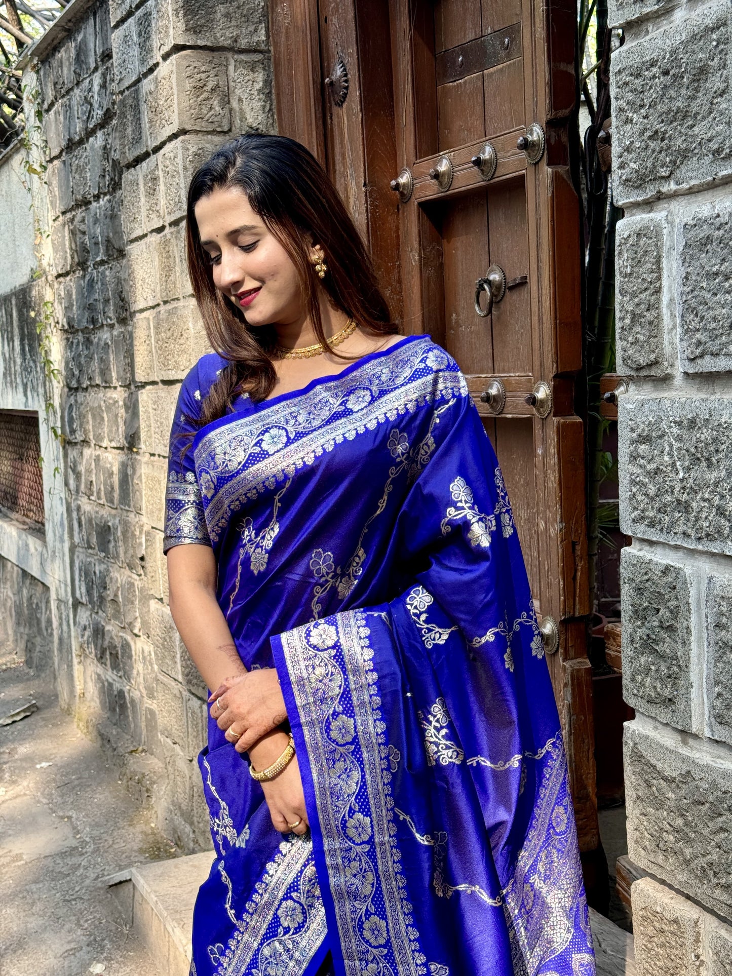 Blue soft silk saree for women images