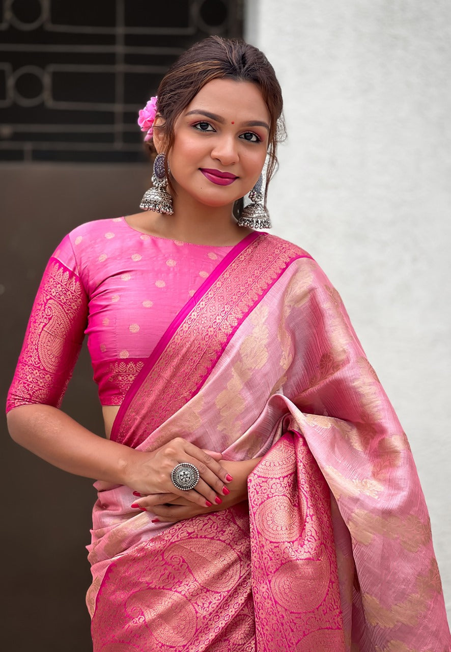 Baby Pink Tissue Silk weaving Saree