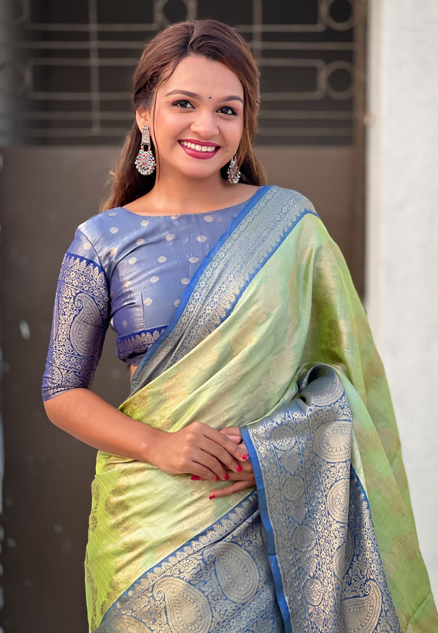 Pista color tissue silk Saree for Wedding