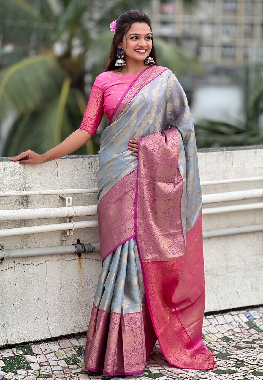 Grey color tissue silk saree for women with price