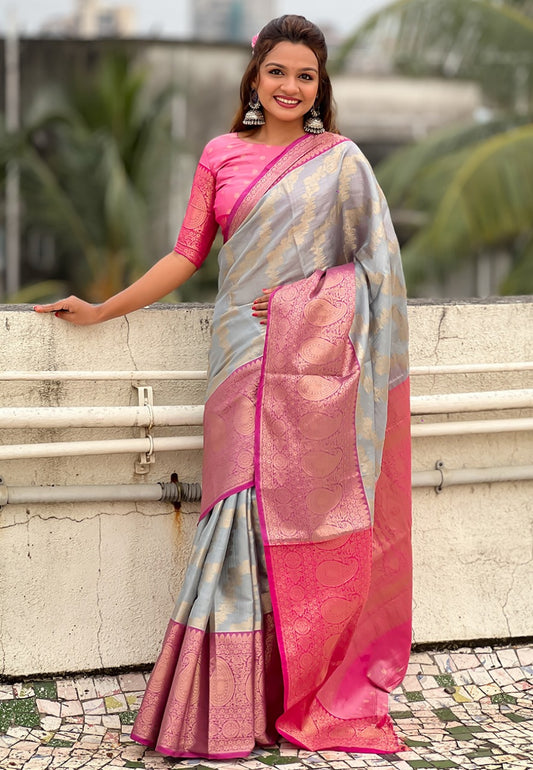 Dark grey color tissue silk saree for women