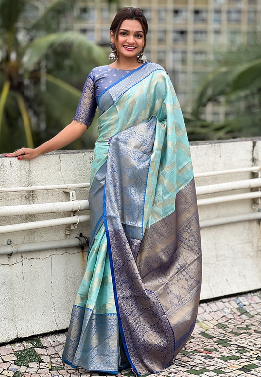 Sky color tissue silk saree for wedding