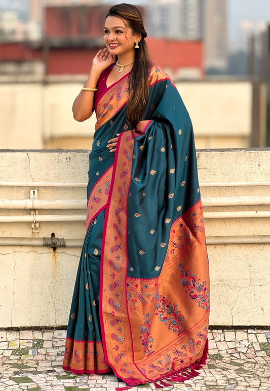 Teal blue color tissue silk saree for women online