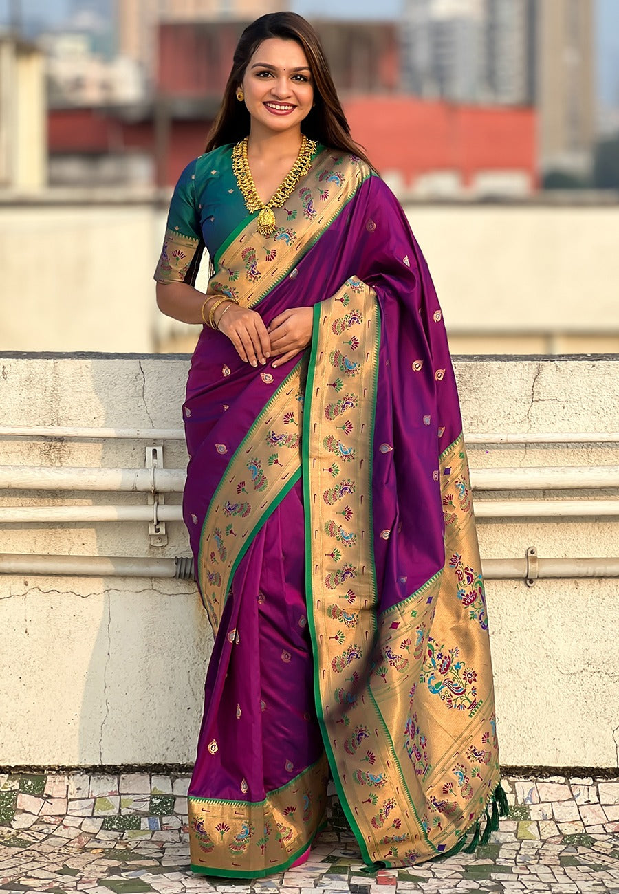Wine colour Saree with contrast Blouse