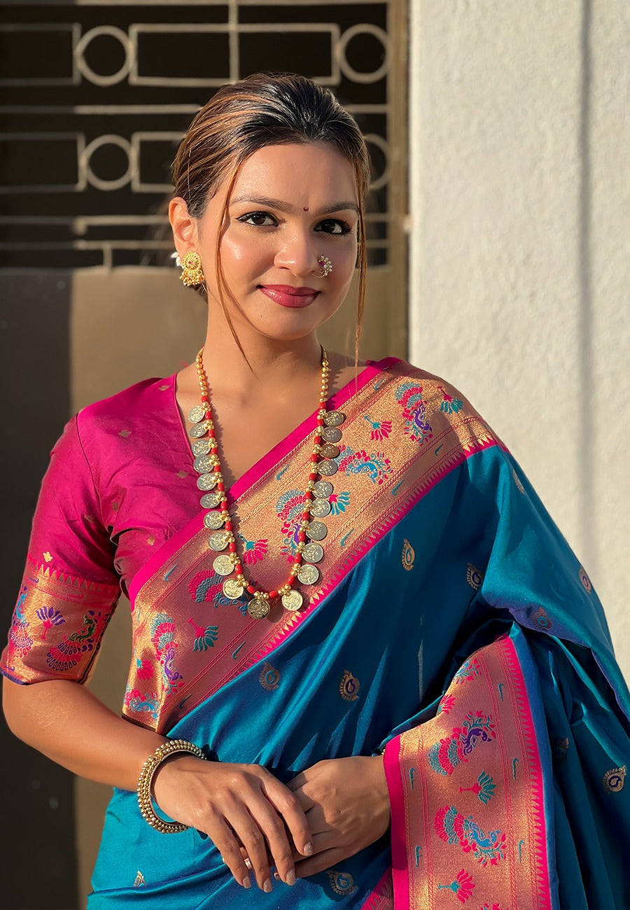 Peacock blue color soft silk saree online shopping