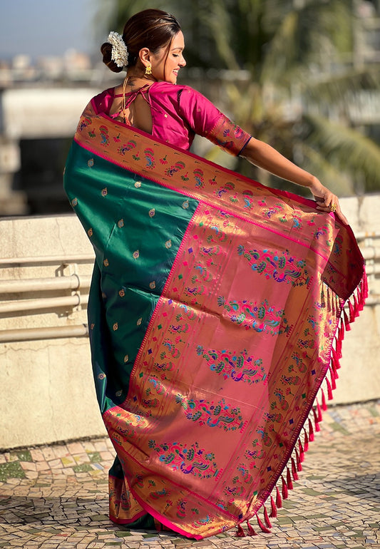 Pure teal green color soft silk saree for women