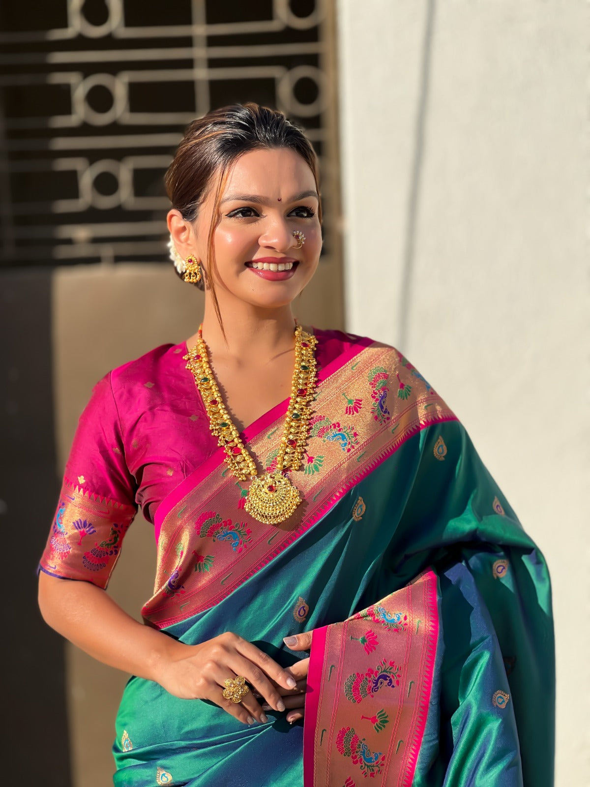 Teal green color soft silk weaving saree for wedding