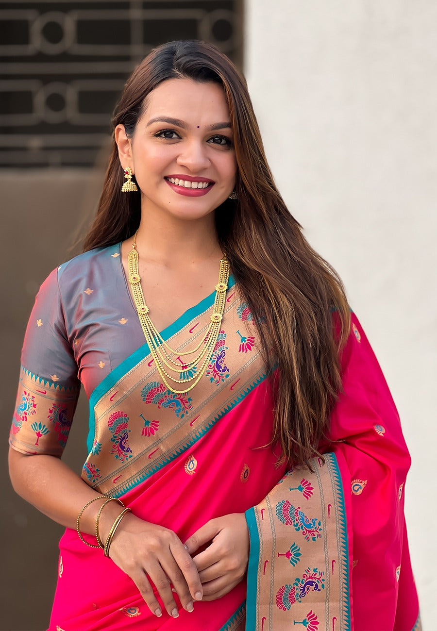 Pink color soft silk weaving saree online shopping