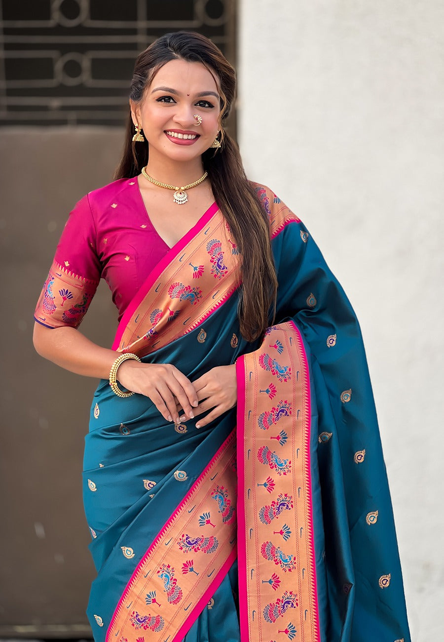 Peacock Blue colour saree Contrast Blouse