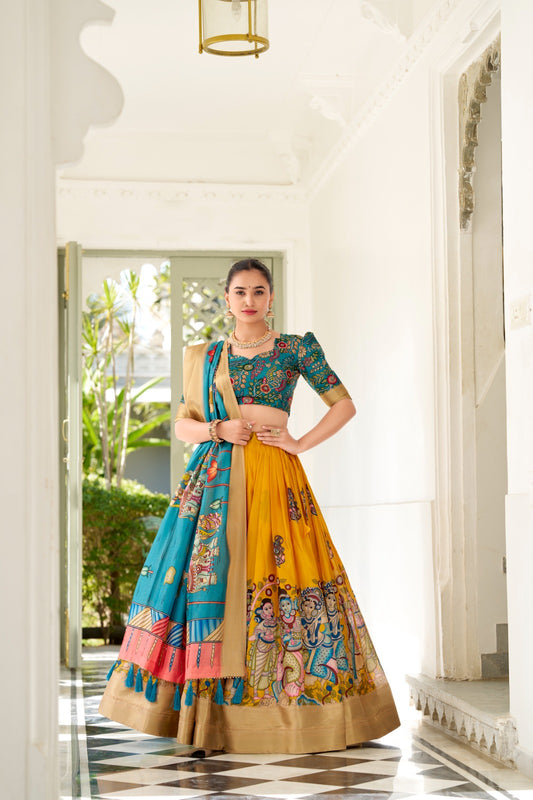 Yellow color kalamkari printed lehenga choli