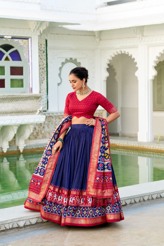 Navy blue tussar silk lehenga choli for women with dupatta