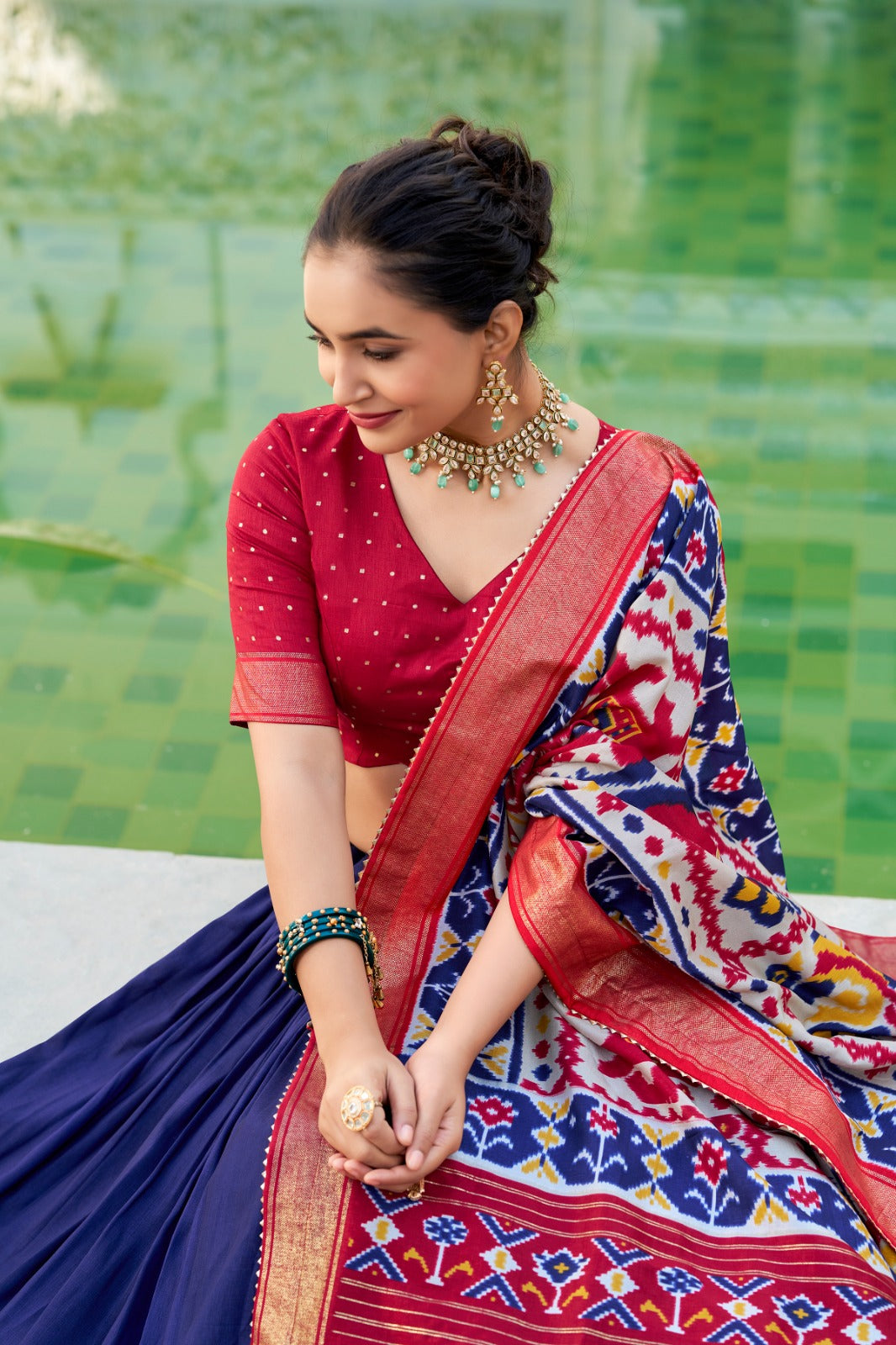 Navy blue tussar silk lehenga choli for women online