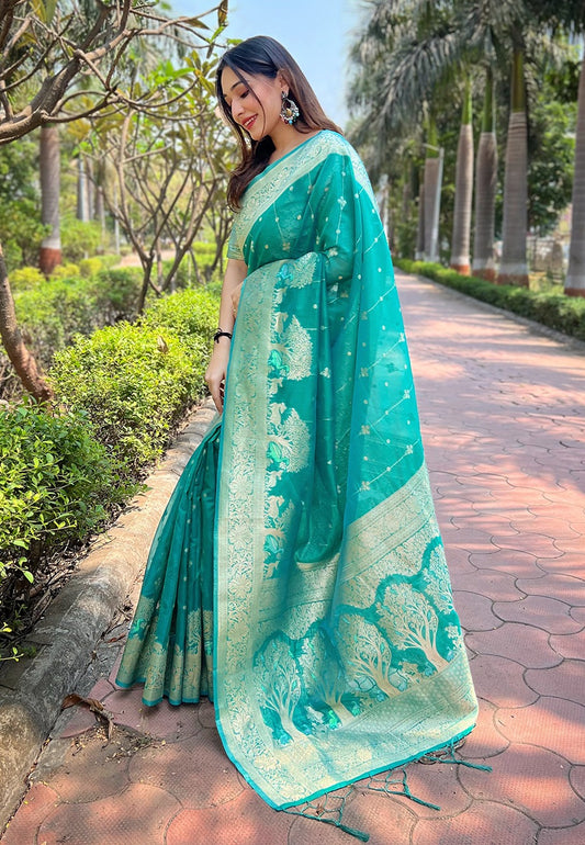 Rama color organza weaving saree for women