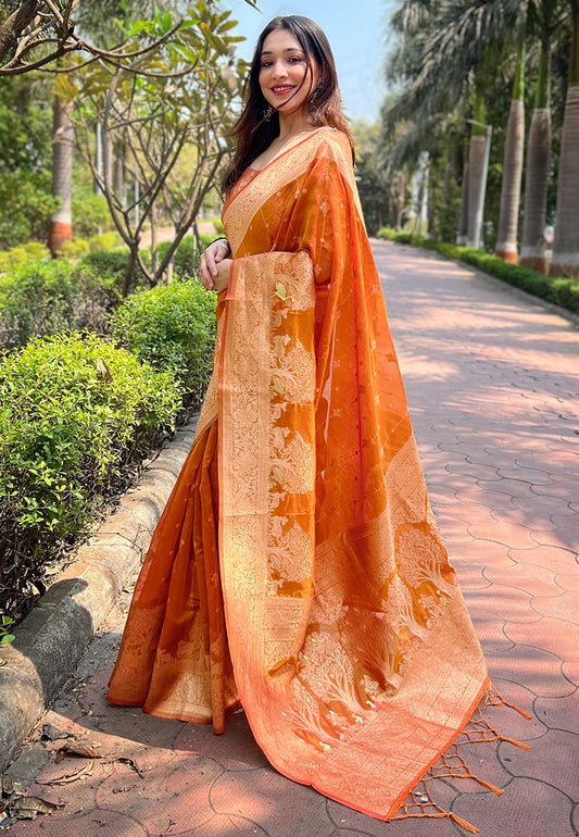 Orange color organza saree for women online shopping