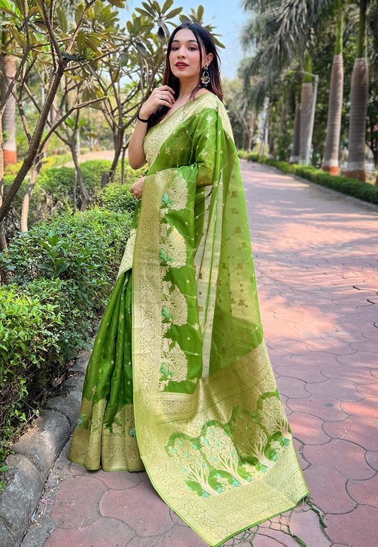 Green color organza saree for wedding
