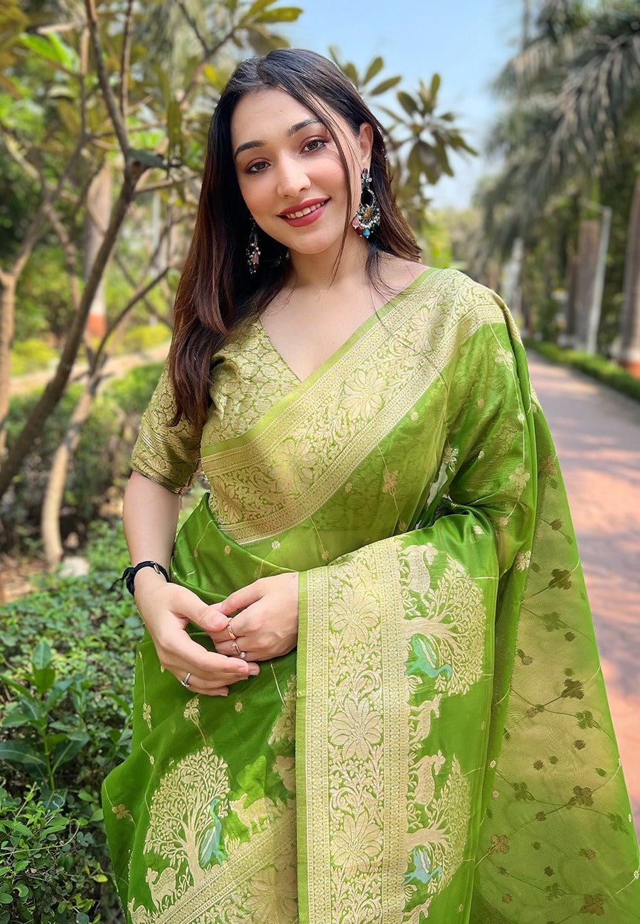 Green color organza saree online shopping