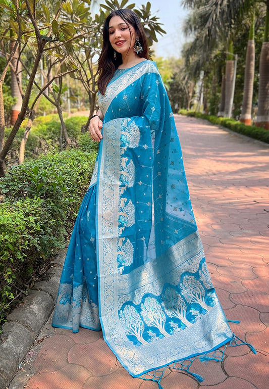 Sky color organza saree for women online shopping