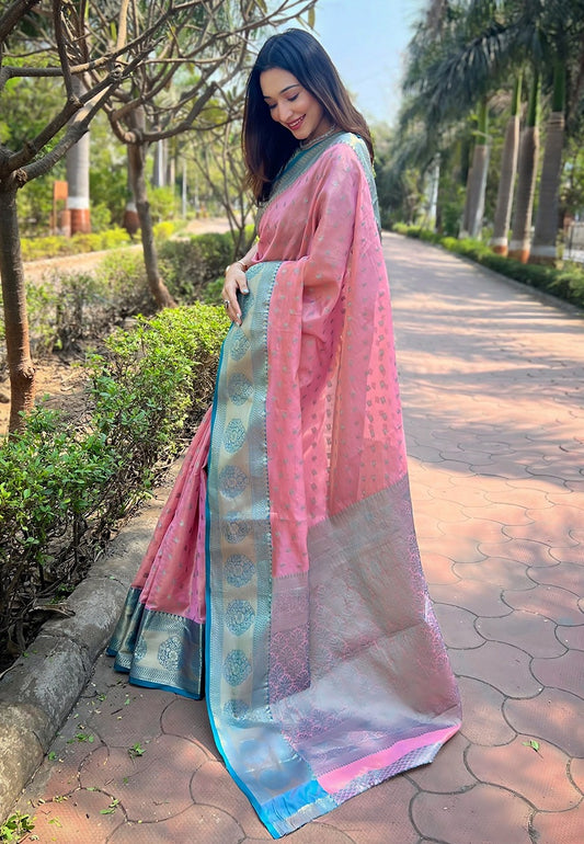 Pure pink color tissue saree for women