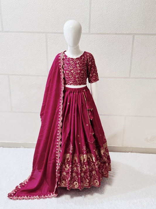 Rani pink color chinon silk lehenga choli for women