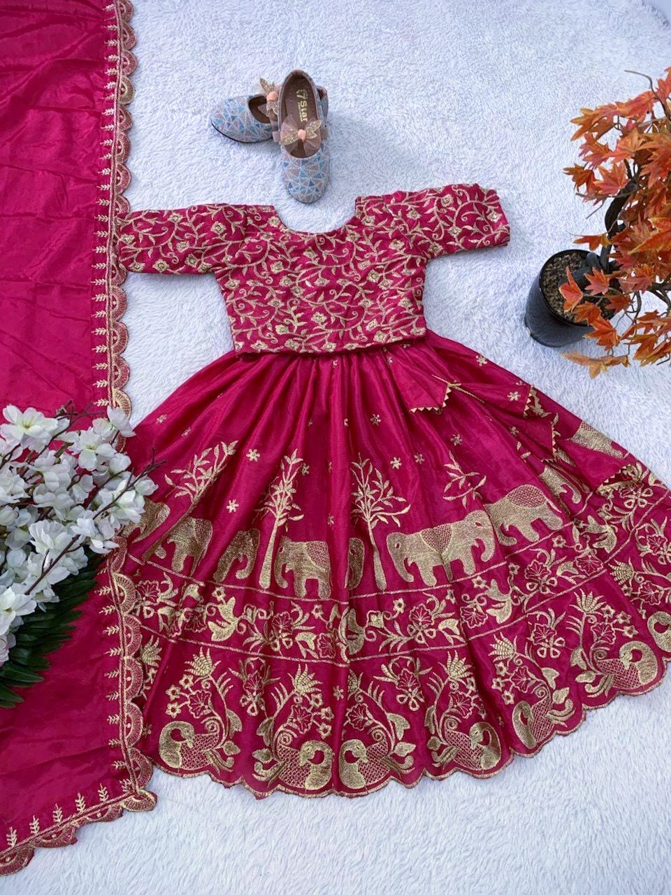 Rani pink color chinon silk lehenga choli price