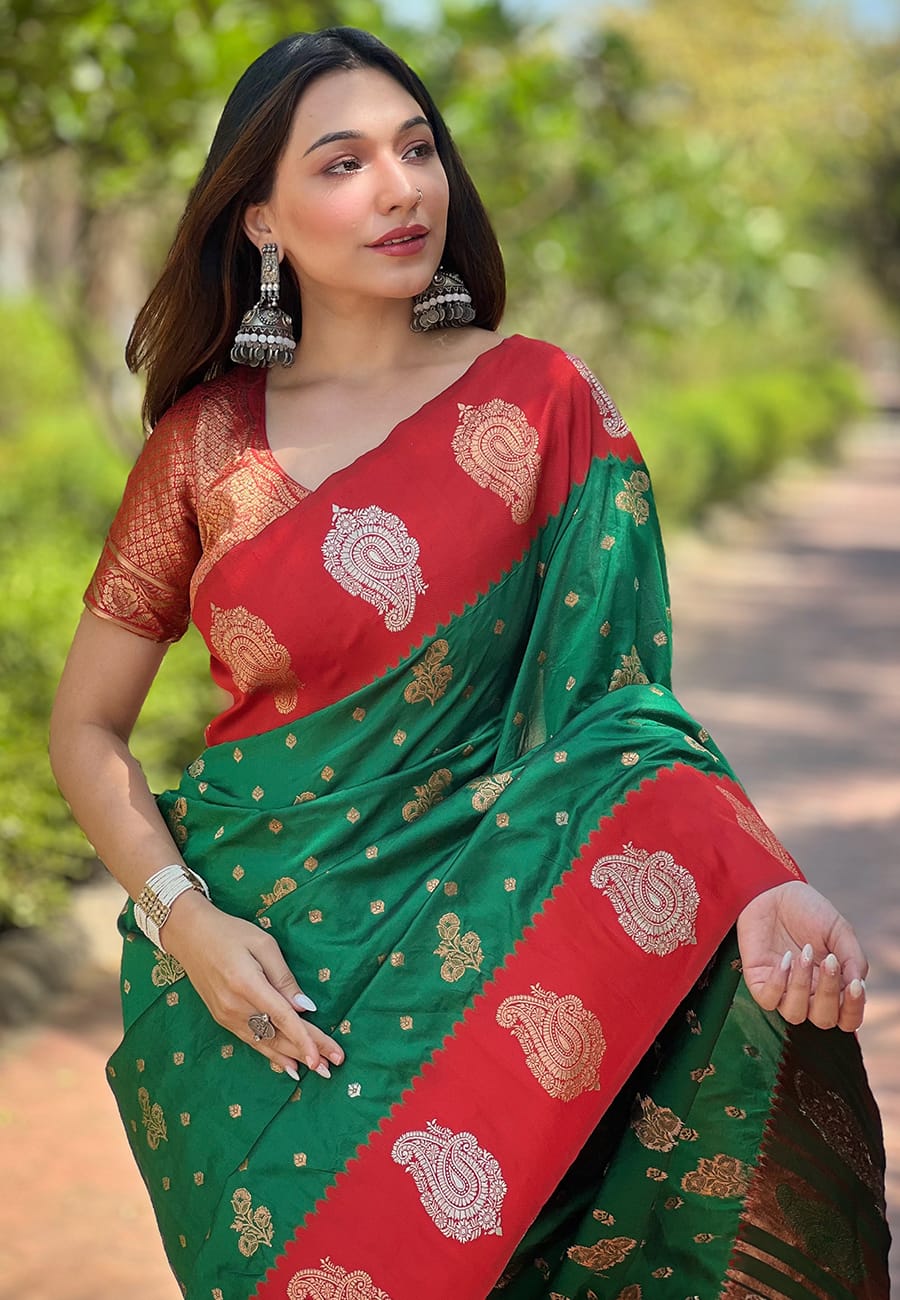 Green color premium soft silk saree for women price