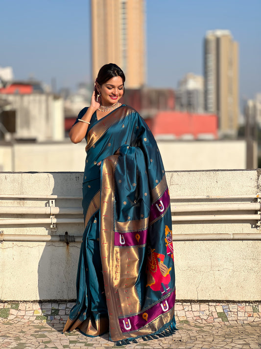 Peacock blue color Saree with blouse