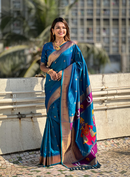 Teal blue color soft silk saree for wedding