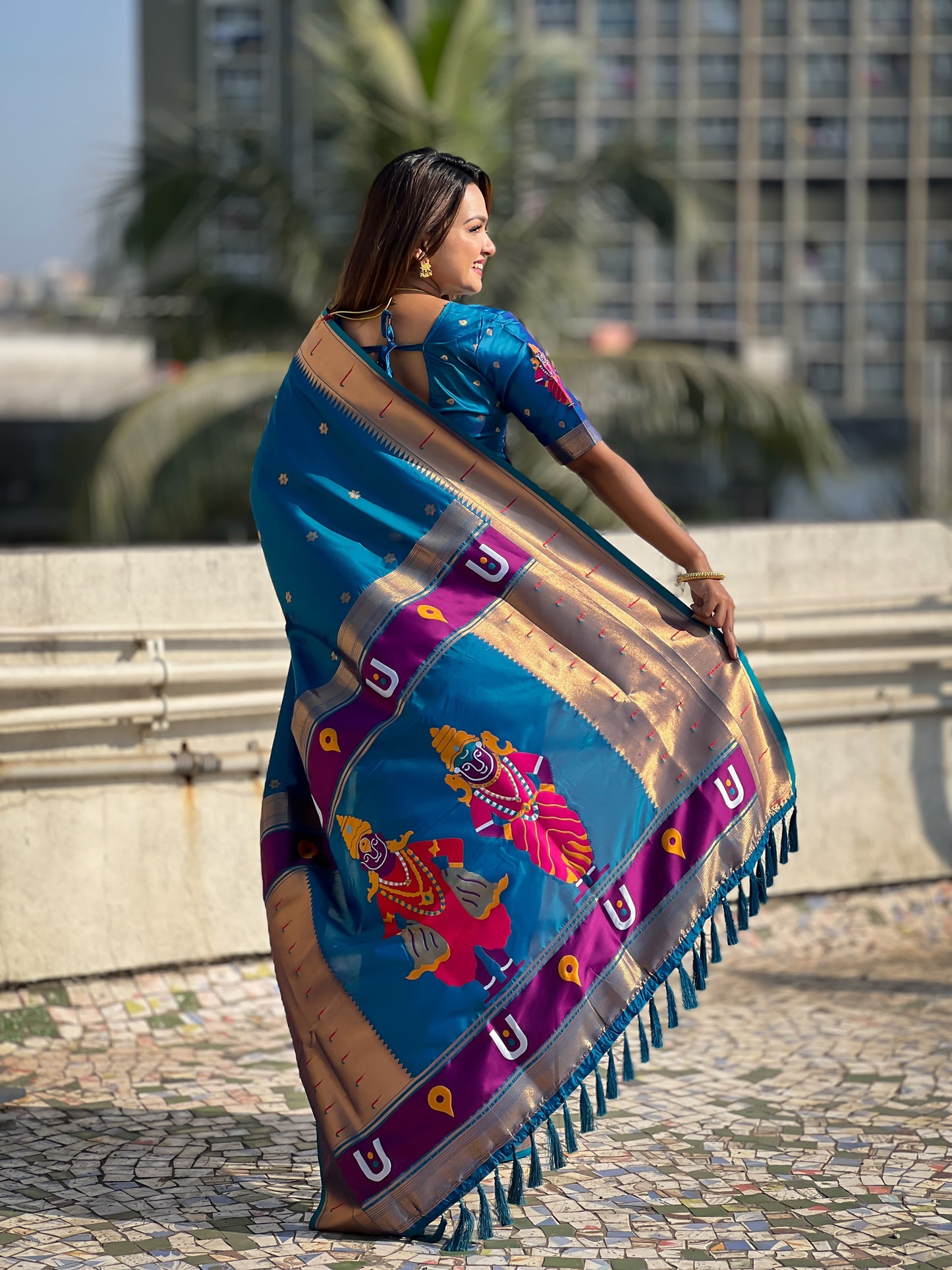 Teal blue color soft silk saree online shopping