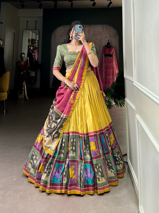 Yellow color tussar silk lehenga choli for women online shopping