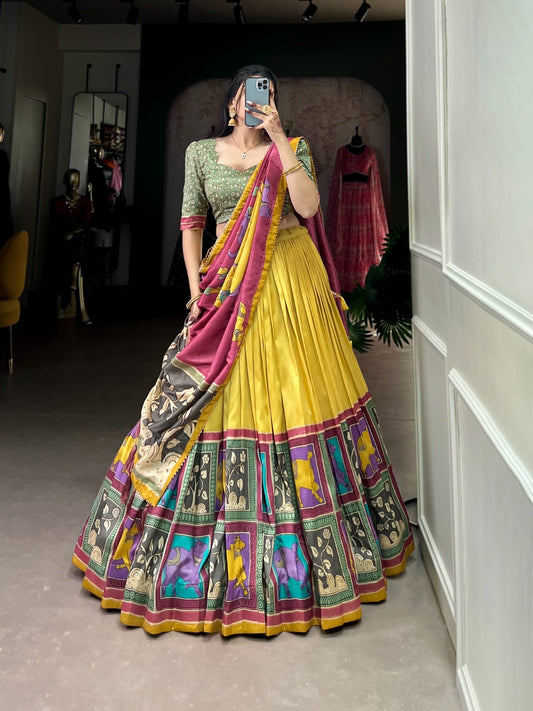 Yellow color tussar silk lehenga choli for women online