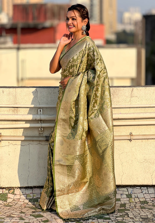 Pista color banarasi antique silk saree for women