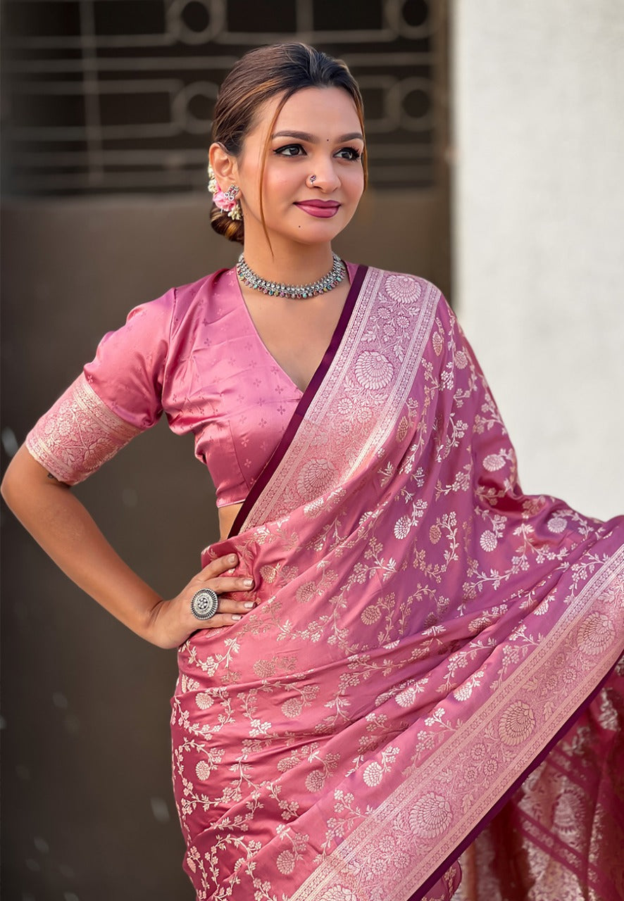 Pink banarasi antique silk Saree with dupatta