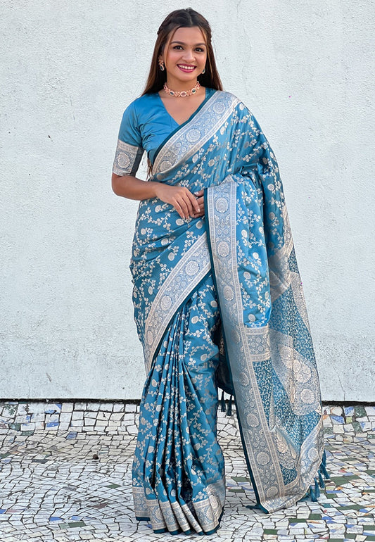 Teal Blue banarasi antique silk saree with blouse