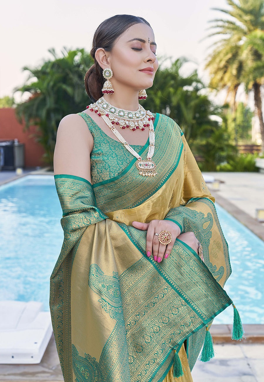 Mustard pure tissue Saree online shopping