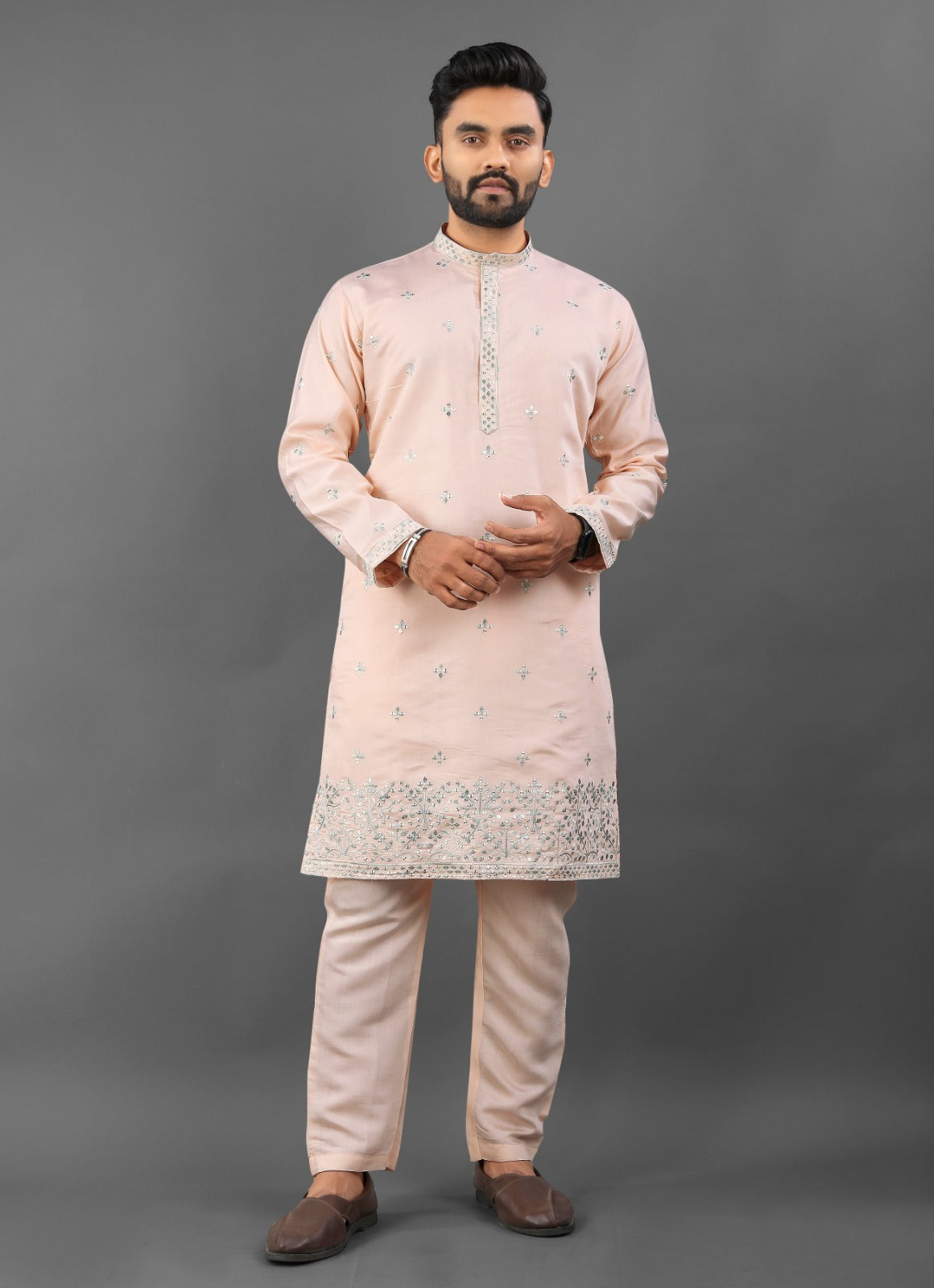 Peach color russian silk kurta for men
