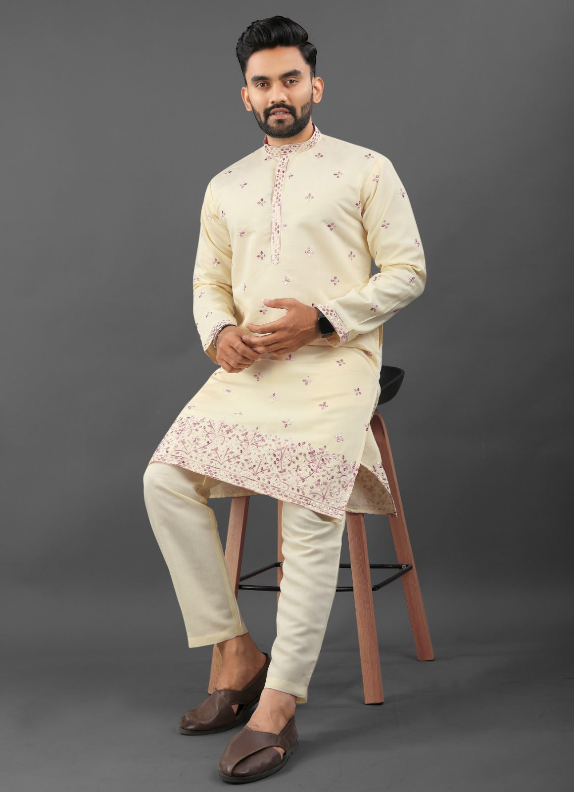 Beige color russian silk kurta for men's