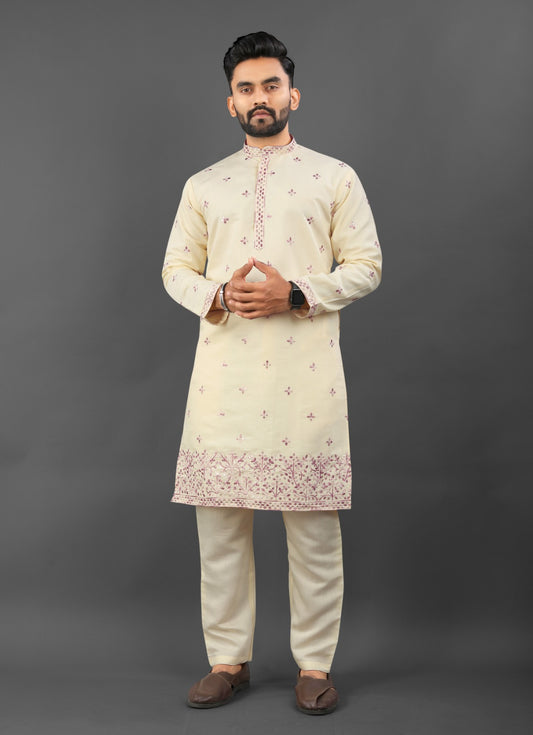 Beige color russian silk party kurta for men's