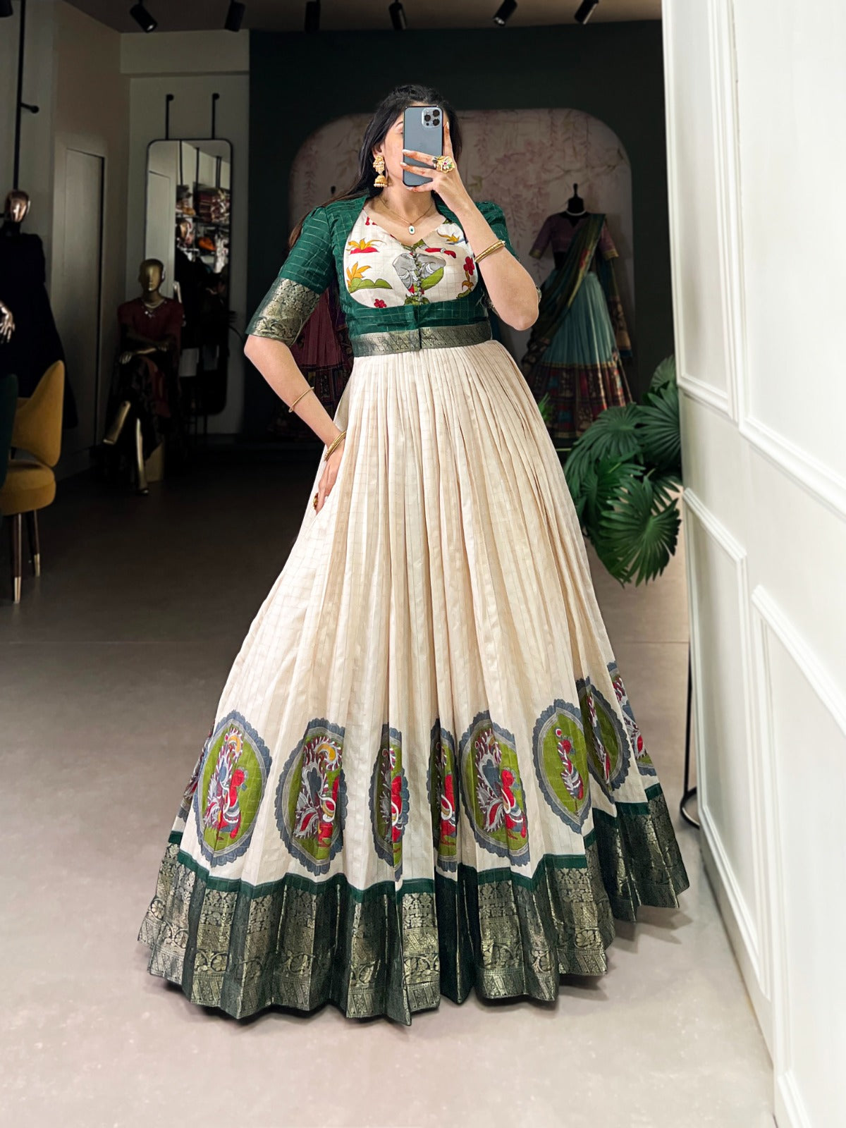 Green Color Dola Silk Ready To Wear Wedding Long Gown With Koti Green Color Dola Silk Ready To Wear Wedding Long Gown With Koti