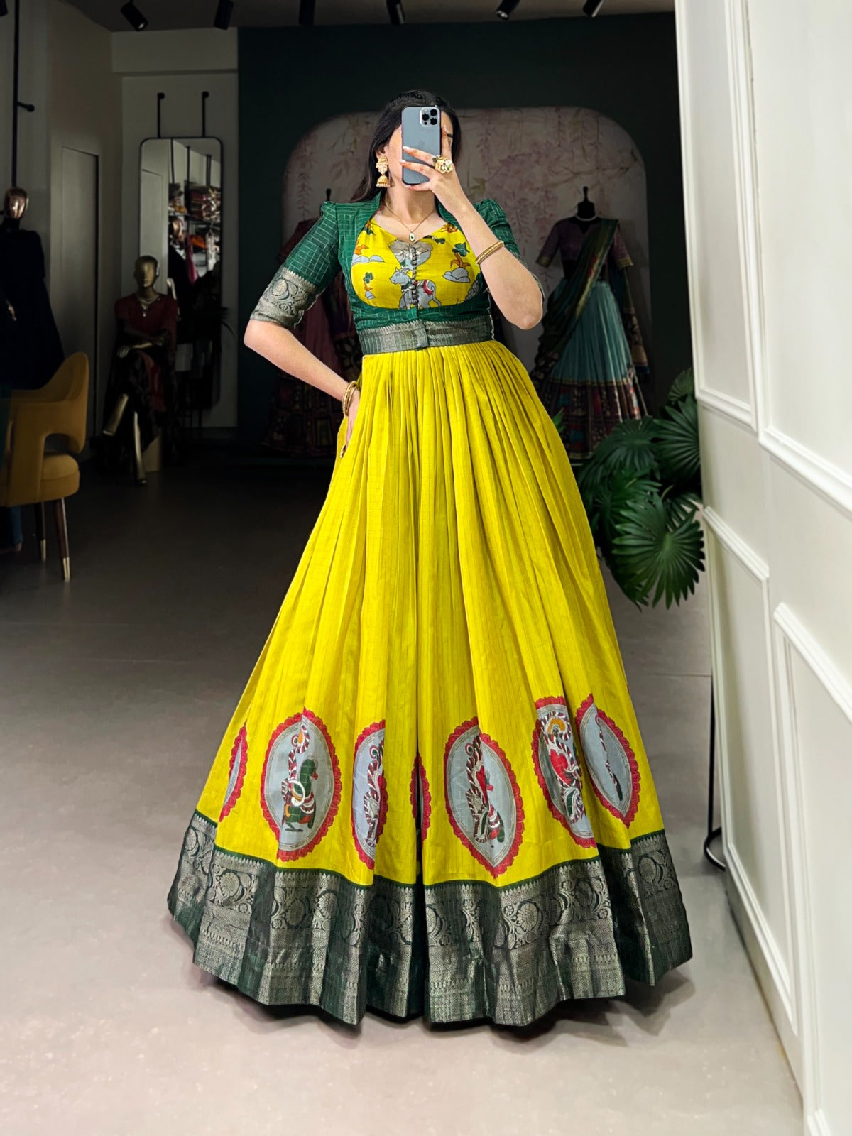 Kalamkari Printed Parrot Green Color Dola Silk Gown For Festive Ragthm Kalamkari Printed Parrot Green Color Dola Silk Gown For Festive Ragthm