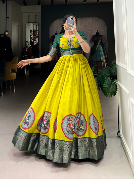 Parrot green dola silk long gown for women online