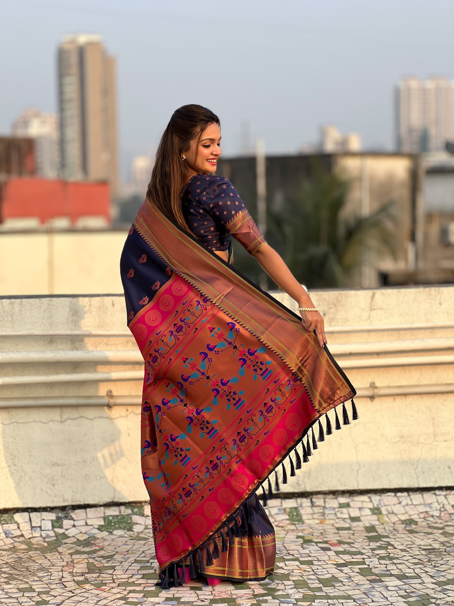 Navy blue Saree with golden Border