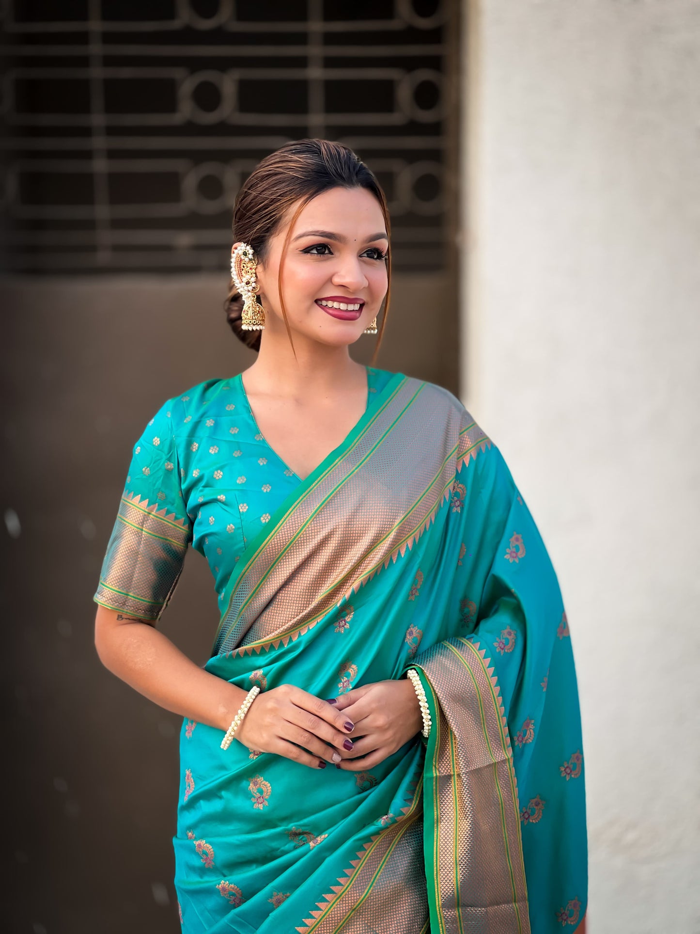 Rama color silk saree for women with online