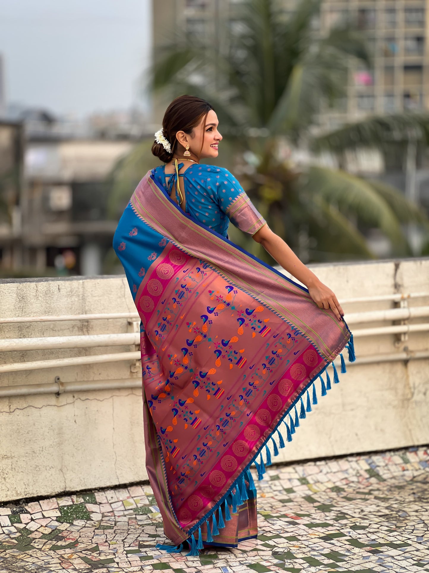 Teal blue color silk saree online shopping