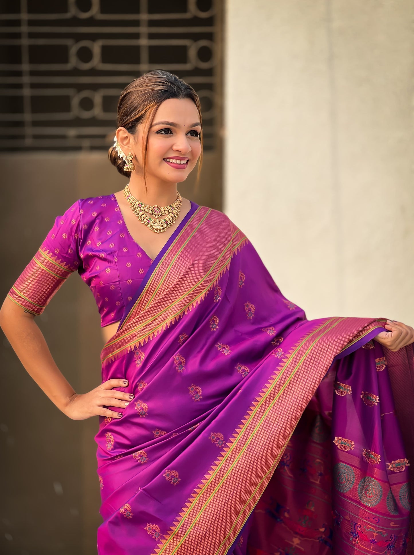Purple color silk zari weaving saree images