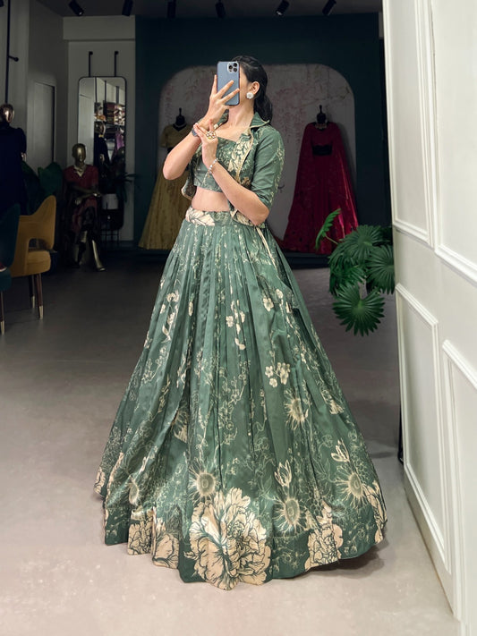 Bottle Green Color tussar silk lehenga choli with koti