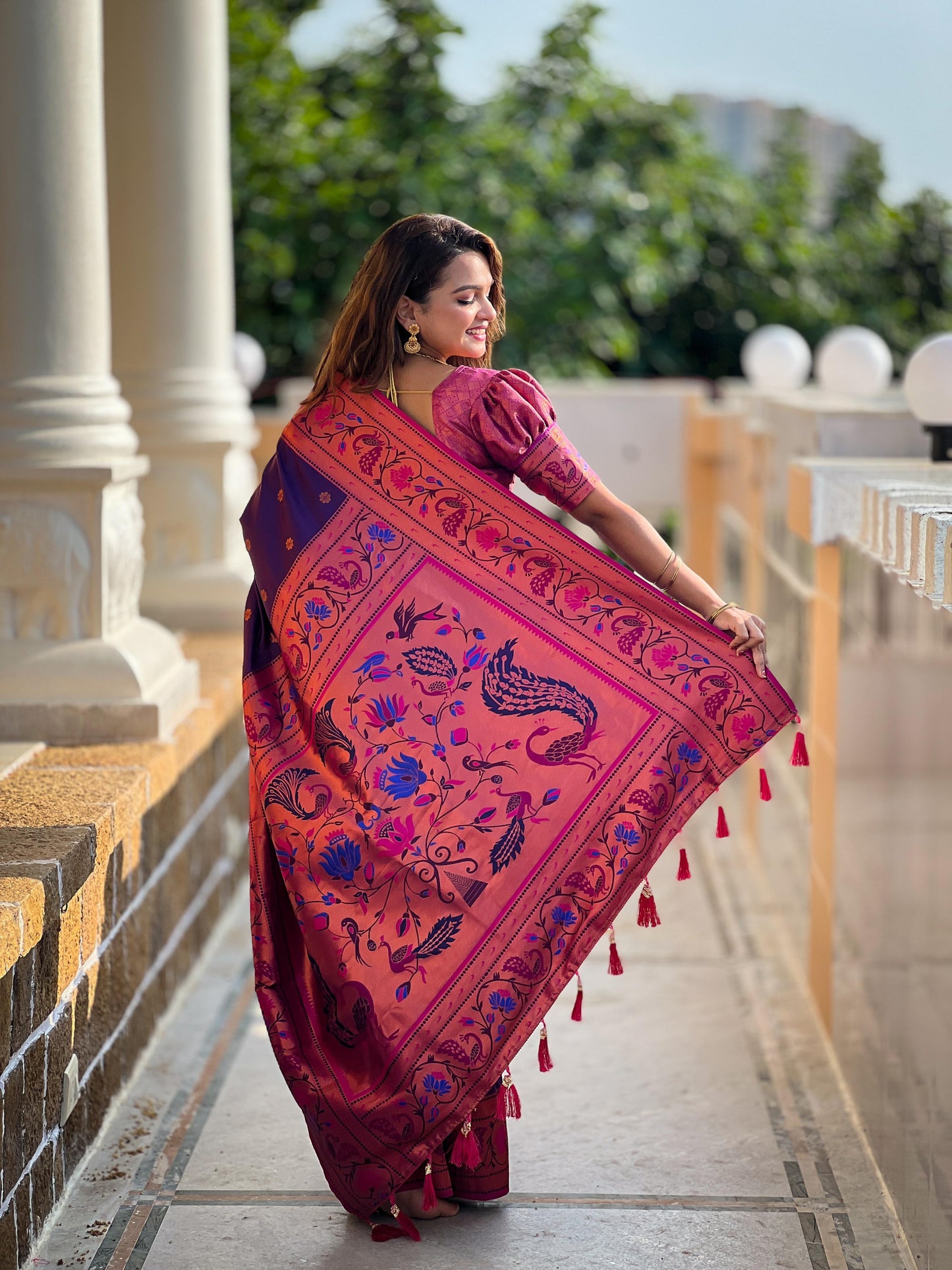 Purple color vichitra silk saree with blouse