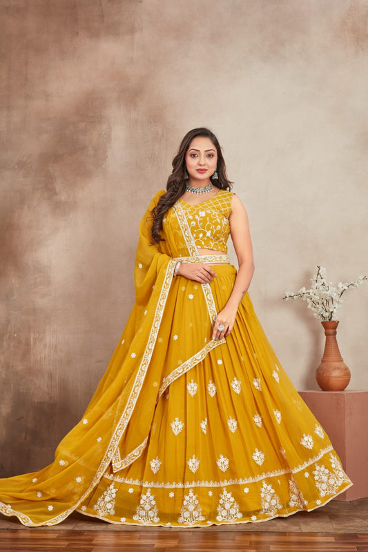 Yellow color georgette sequins work lehenga choli with dupatta