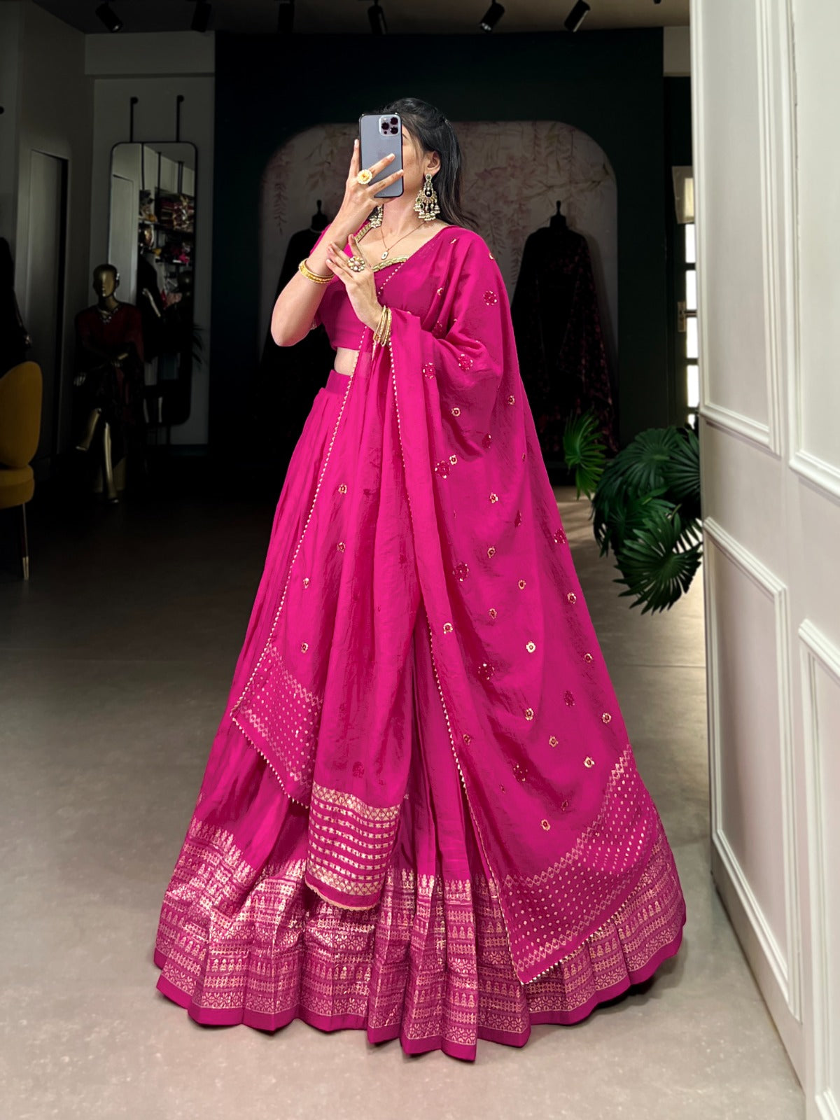 Rani pink color pure chanderi lehenga choli for wedding