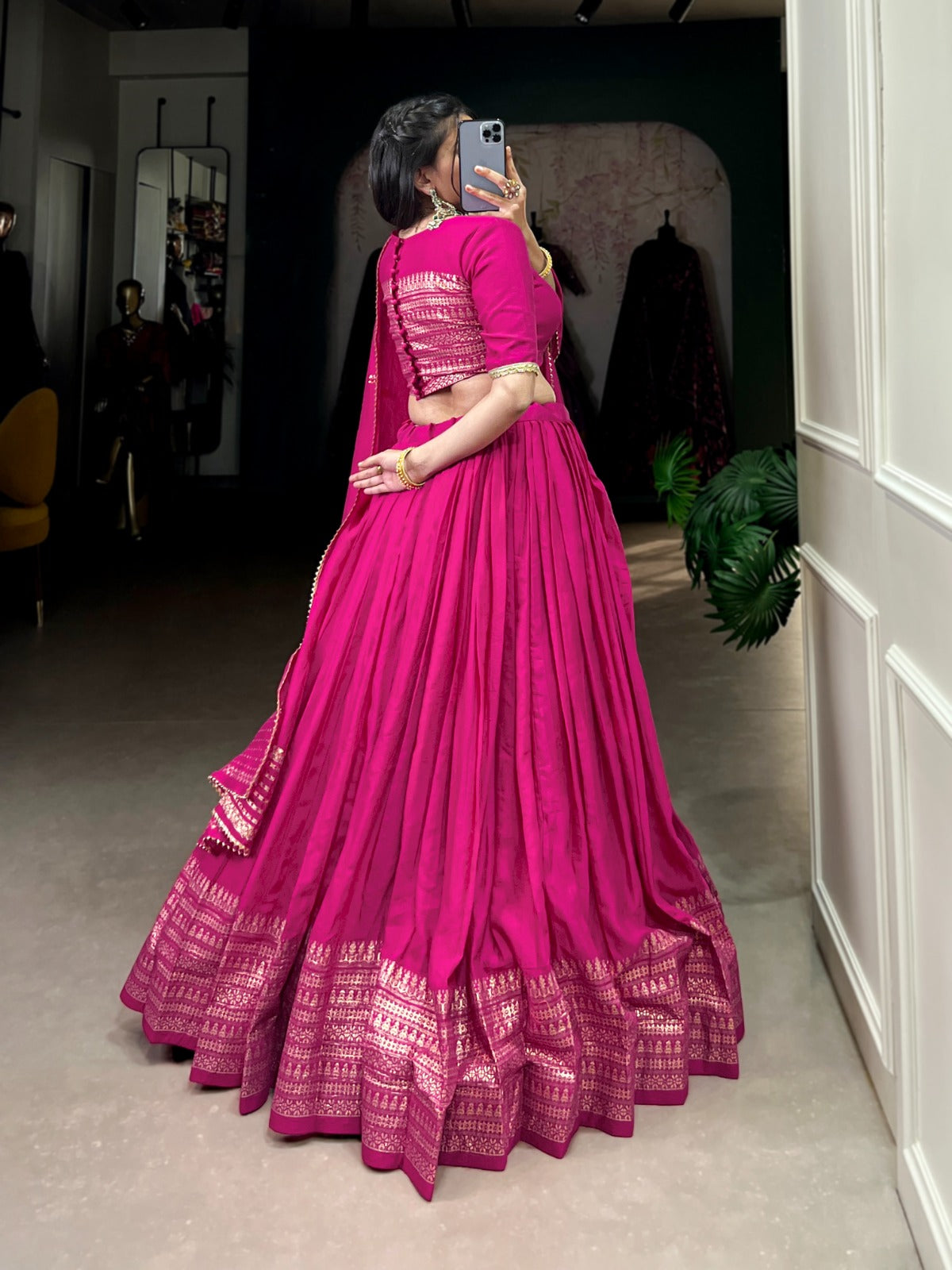 Rani pink color pure chanderi lehenga choli with dupatta