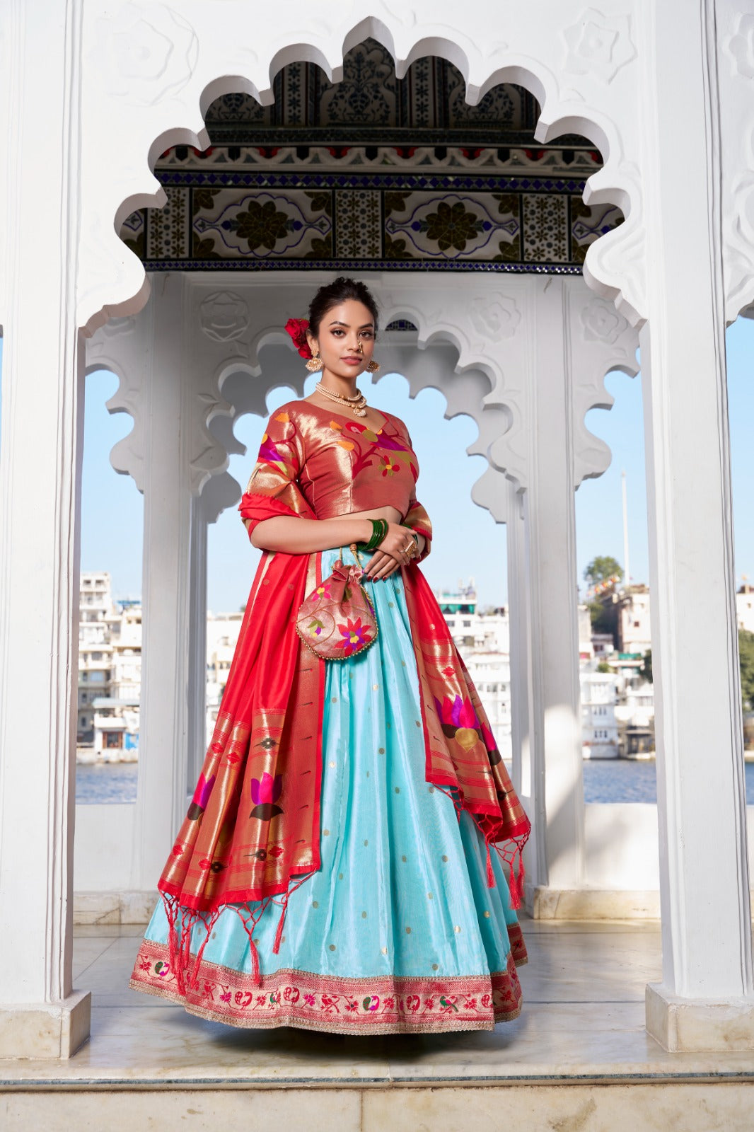 Sky blue color jacquard silk lehenga choli for wedding